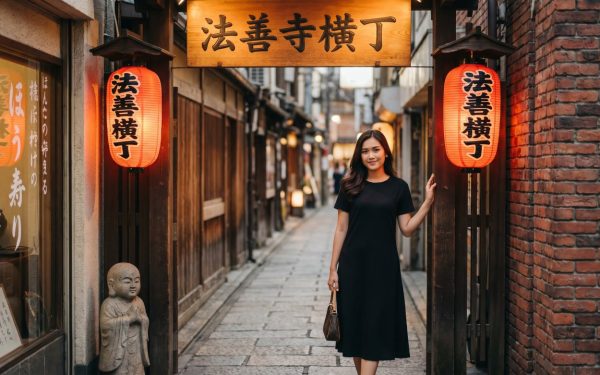 Kannaya Nareswari at the entrance to Hozenji Yokocho alley in Osaka