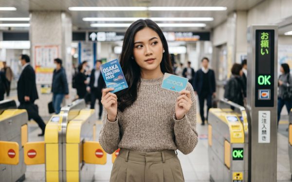 Kannaya Nareswari holding Osaka Amazing Pass and ICOCA Card