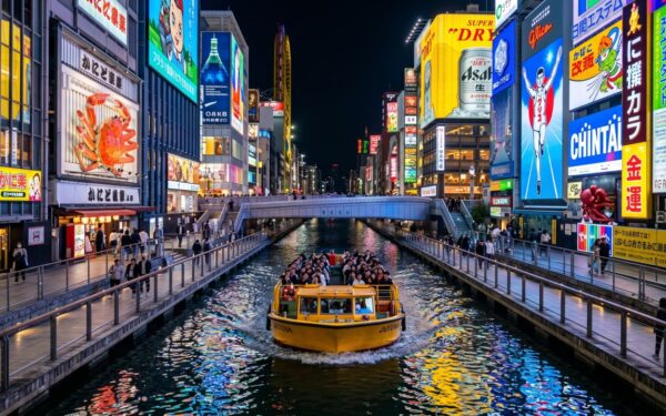 Vibrant nighttime scene in Osaka with a yellow boat transporting tourists along a channel flanked by colorful neon signs.
