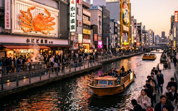 Bustling street scene in Osaka with food vendors, crowds enjoying the evening, and boats navigating the illuminated canal.