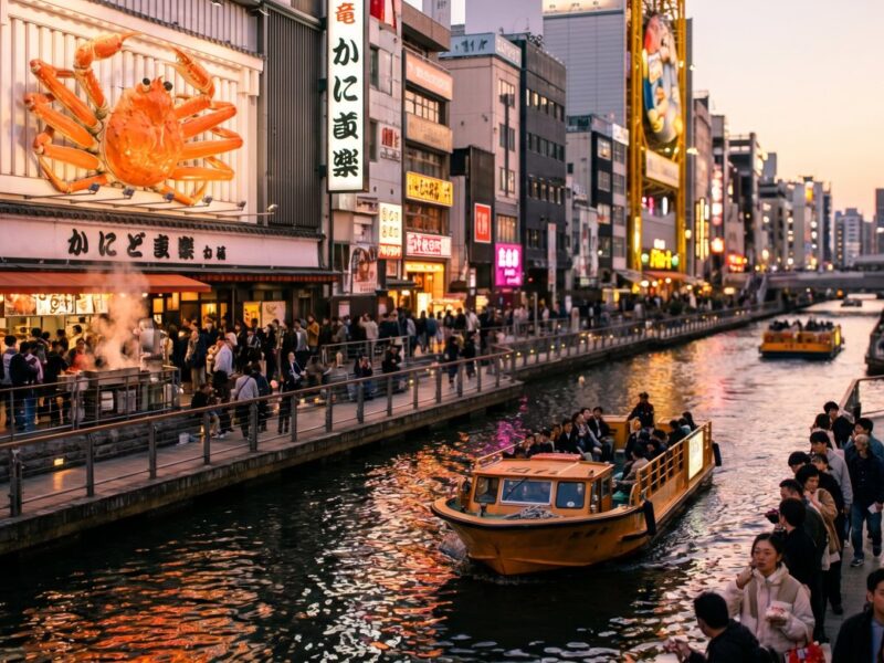 Bustling street scene in Osaka with food vendors, crowds enjoying the evening, and boats navigating the illuminated canal.