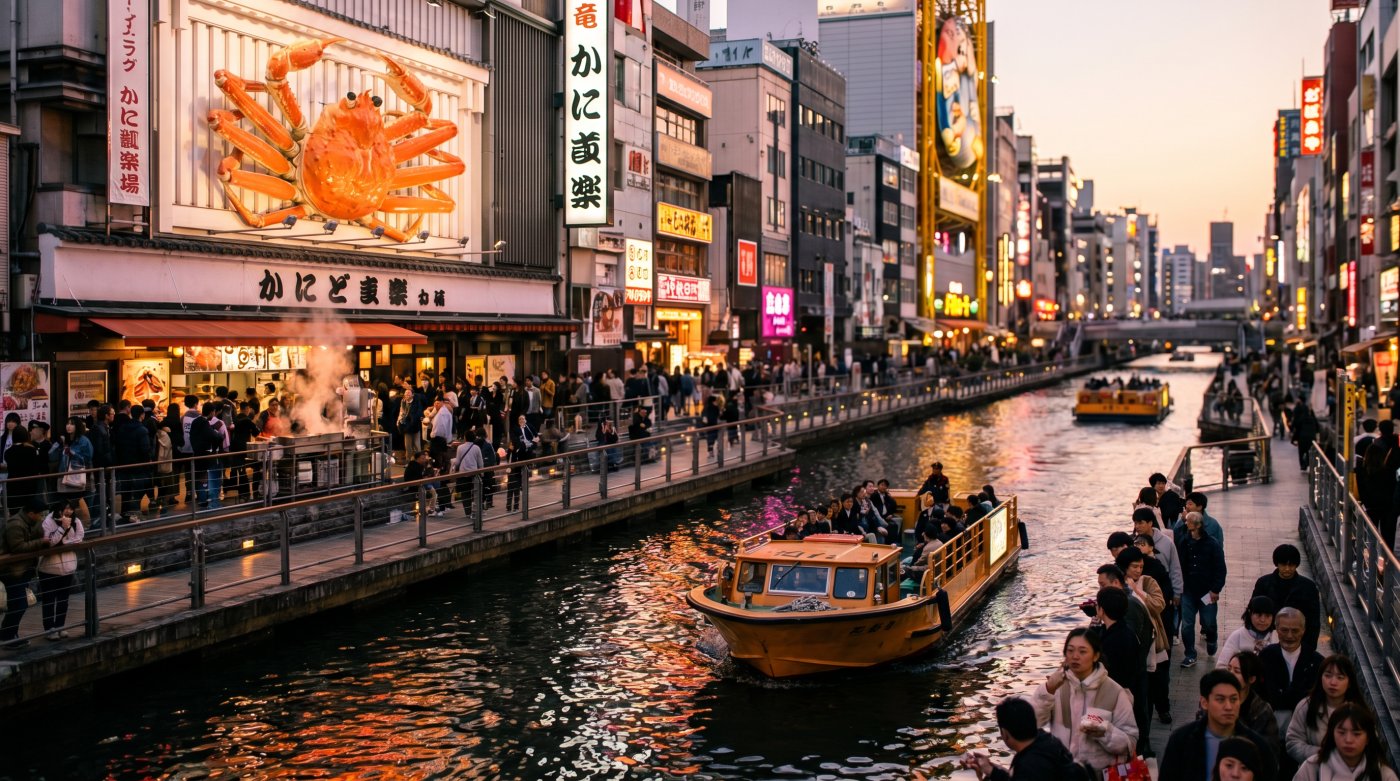 Neon signs and the Glico Running Man reflected in the Dotonbori canal at night