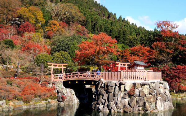 Serene Japanese garden scene featuring a wooden bridge and vibrant autumn foliage reflecting on calm water.