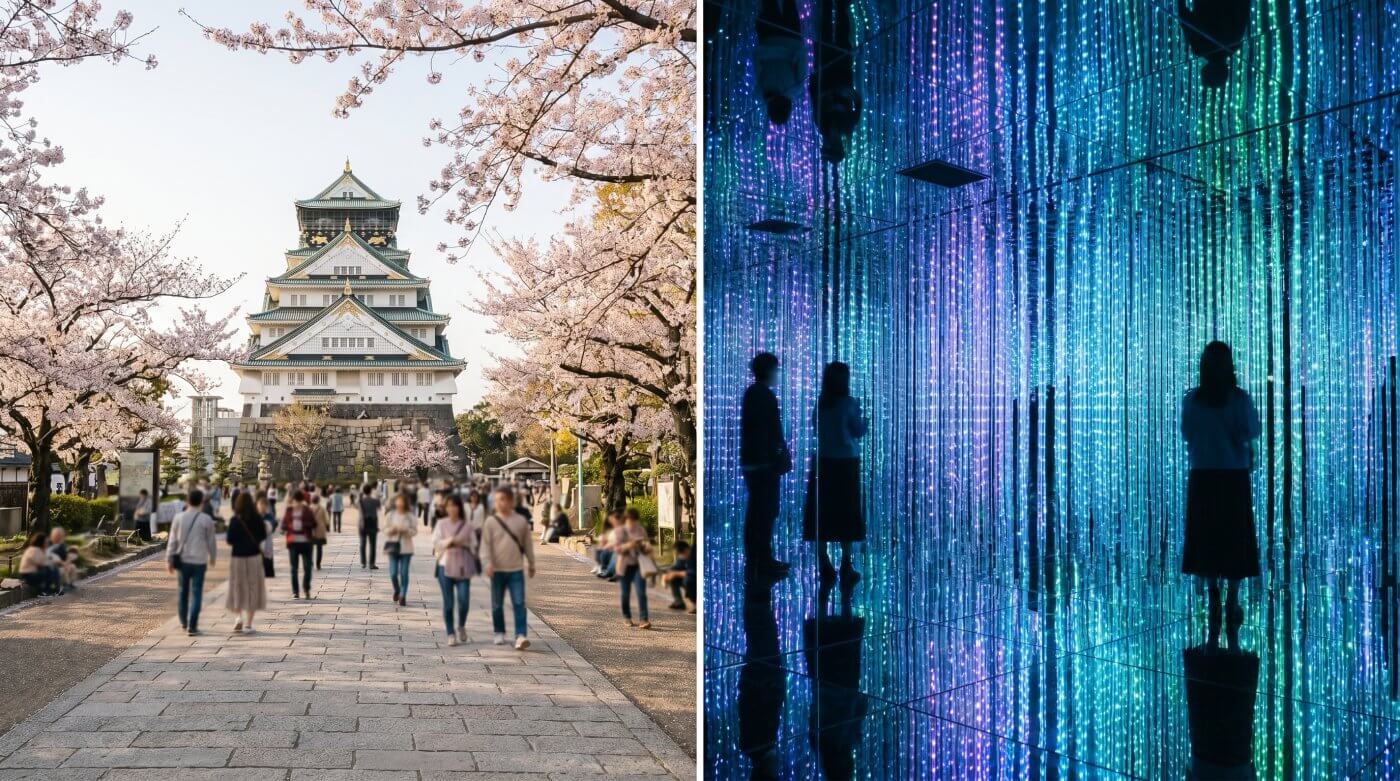 Cherry blossoms frame Osaka Castle while visitors wander along a path, blending nature with cultural heritage.