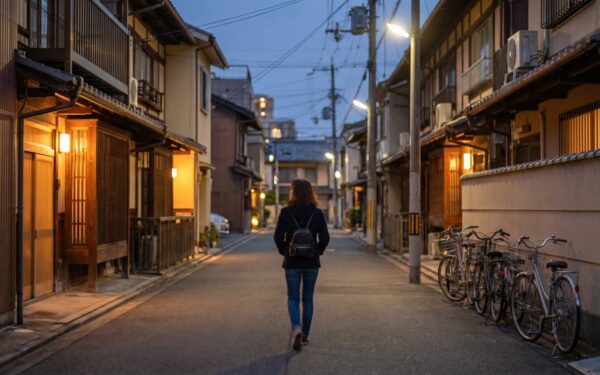 Serene evening stroll through a quaint street lined with traditional Japanese houses, illuminated by warm streetlights.
