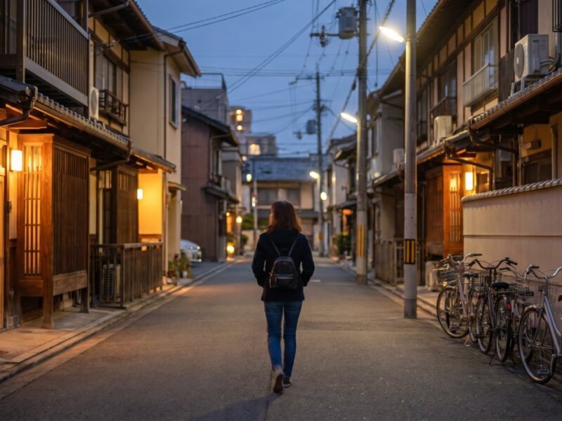 Serene evening stroll through a quaint street lined with traditional Japanese houses, illuminated by warm streetlights.