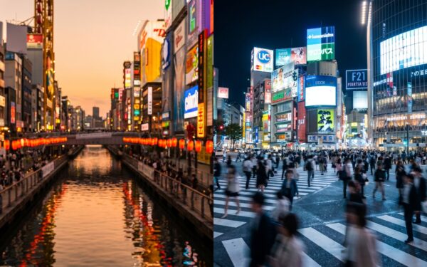Vibrant city life in Japan showcased through a bustling riverfront at sunset and a crowded urban crosswalk at night.