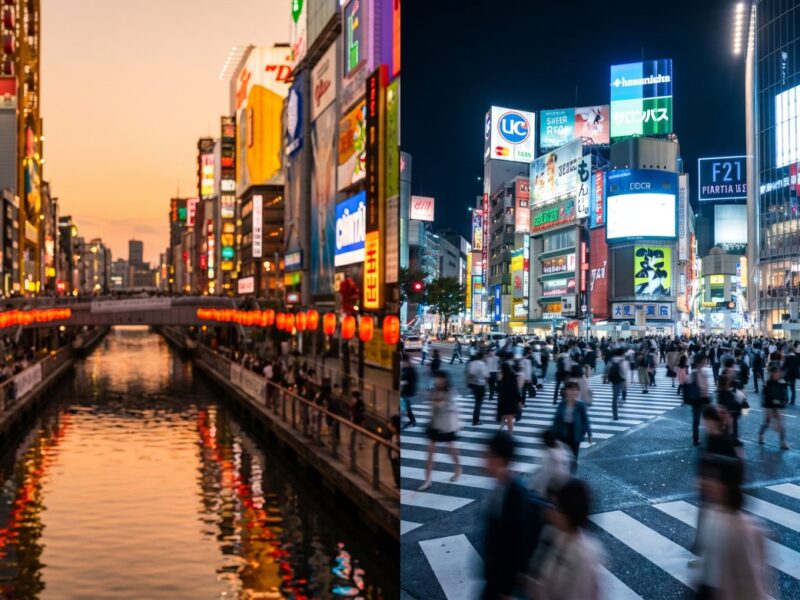 Vibrant city life in Japan showcased through a bustling riverfront at sunset and a crowded urban crosswalk at night.