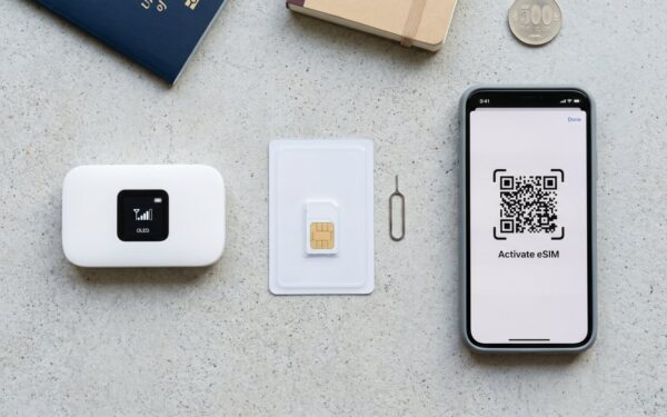 Portable Wi-Fi router, SIM card, phone displaying eSIM activation QR code, alongside travel essentials on a flat surface.