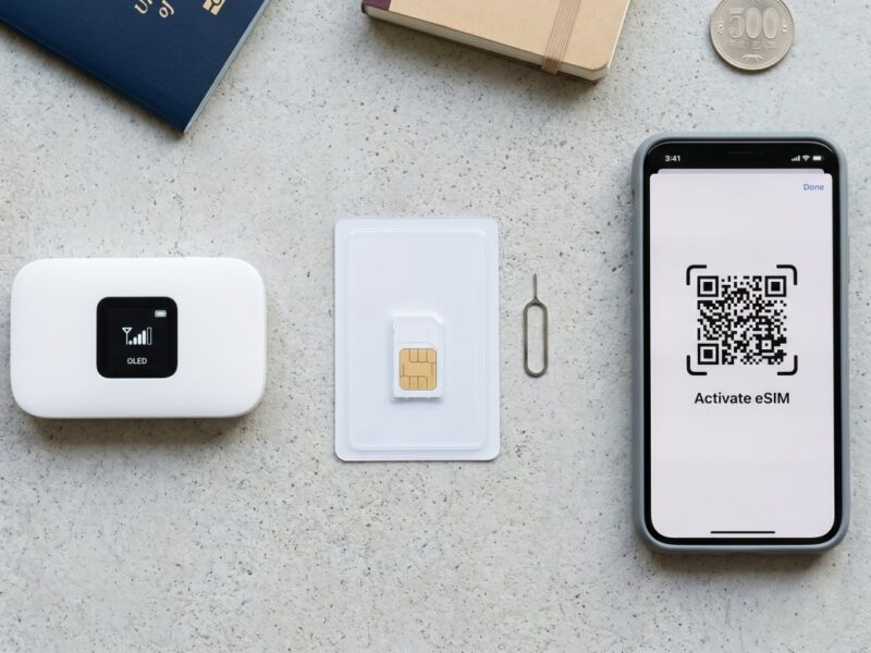 Portable Wi-Fi router, SIM card, phone displaying eSIM activation QR code, alongside travel essentials on a flat surface.
