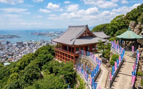 Serene temple overlooking a bustling coastal cityscape, blending nature with urban life under a blue sky.