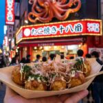 Delicious takoyaki balls topped with bonito flakes, enjoyed in a bustling street market lit by neon signs in Japan.