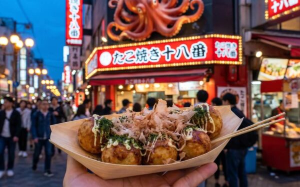 Delicious takoyaki balls topped with bonito flakes, enjoyed in a bustling street market lit by neon signs in Japan.