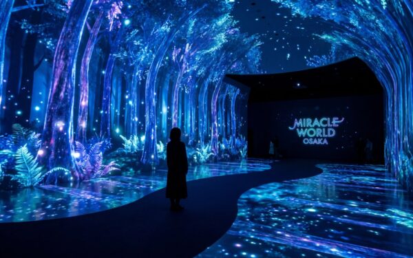 Enchanted forest installation at Miracle World Osaka, featuring vibrant blue lights and immersive digital scenery.