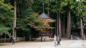 Visitors explore a serene temple surrounded by lush greenery, capturing the tranquil beauty of the natural landscape.