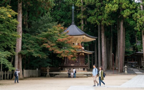 Visitors explore a serene temple surrounded by lush greenery, capturing the tranquil beauty of the natural landscape.