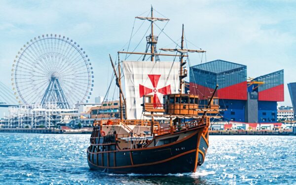 Historic ship sailing in a vibrant harbor, showcasing the blend of tradition and modernity against a scenic skyline.