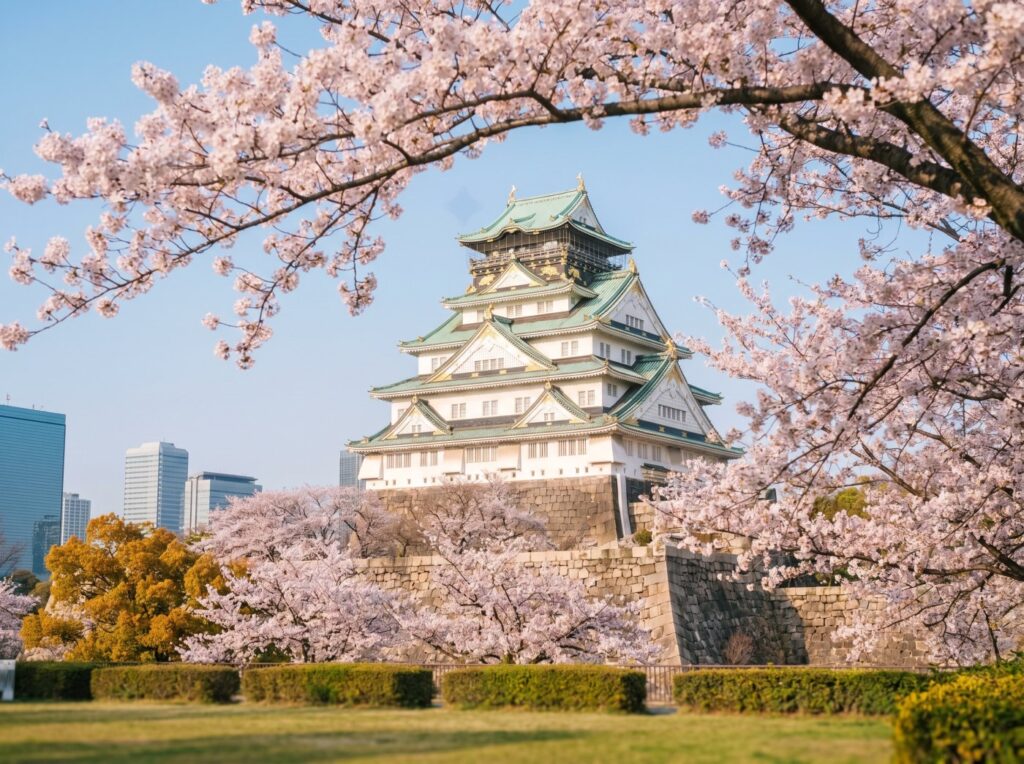 Osaka Castle surrounded by blooming cherry blossom trees, symbolizing spring and cultural heritage in Japan's urban landscape.