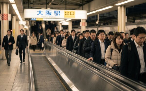 Crowd of commuters at Osaka station moving towards the escalator, highlighting the busy urban transit atmosphere.