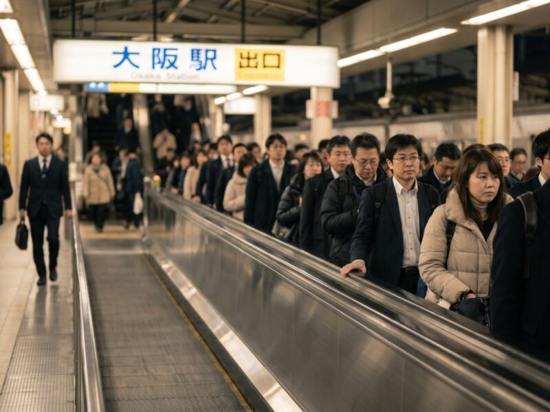 Crowd of commuters at Osaka station moving towards the escalator, highlighting the busy urban transit atmosphere.