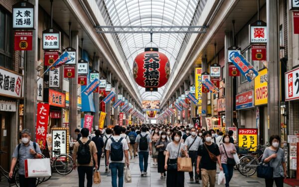 Bustling shopping street in Japan filled with people and vibrant store signs, showcasing local culture and commerce.
