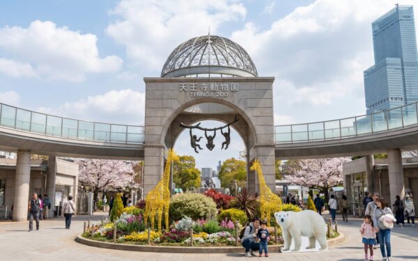 "Families enjoy a sunny day at Tennōji Zoo, featuring vibrant flower beds and iconic giraffe sculptures."