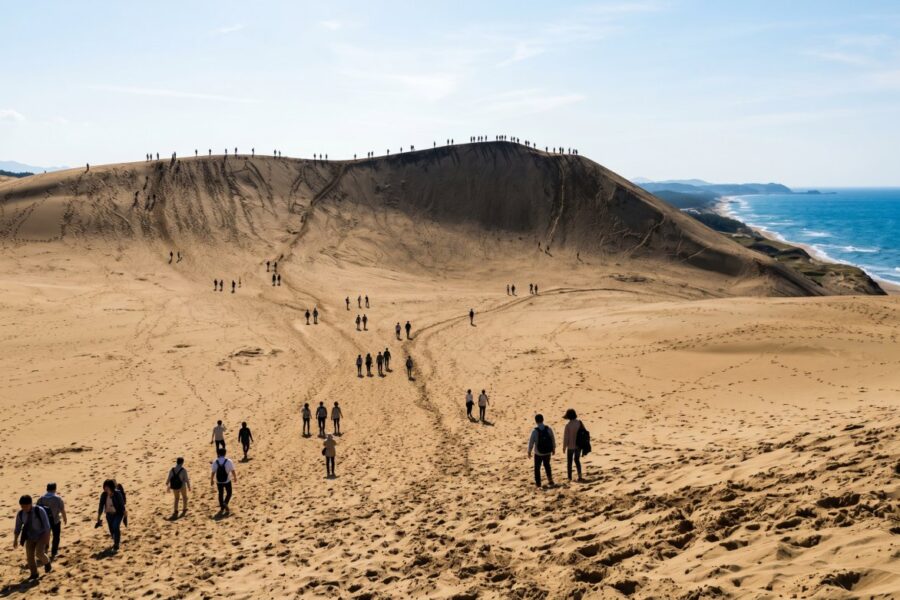 Visitors explore golden sand dunes along the coast, enjoying the scenic landscape and breathtaking ocean views.