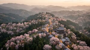 Cherry blossom trees blanket a serene mountainside village at twilight, highlighting Yoshino, Japan's tranquil spring beauty.