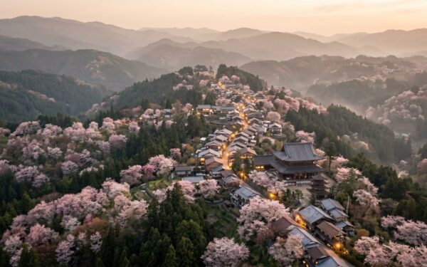 Cherry blossom trees blanket a serene mountainside village at twilight, highlighting Yoshino, Japan's tranquil spring beauty.