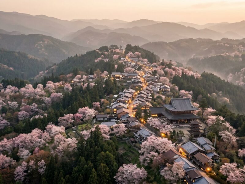 Cherry blossom trees blanket a serene mountainside village at twilight, highlighting Yoshino, Japan's tranquil spring beauty.