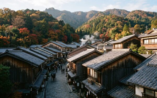 Steam rising over the narrow shopfronts of Yumoto-zaka in Arima Onsen on an autumn morning