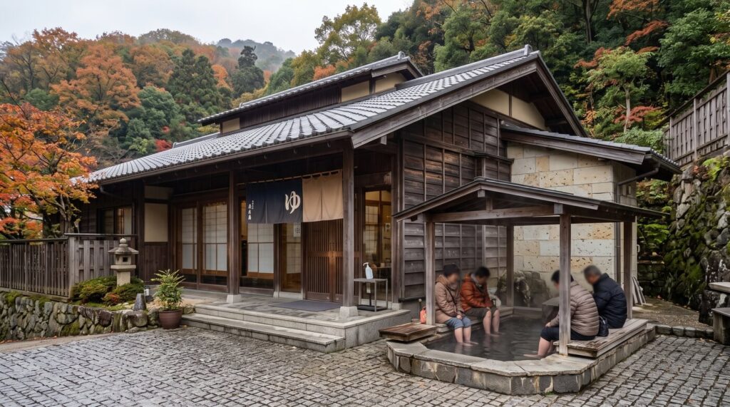 Dark timber exterior of the Kin no Yu public bath house in Arima Onsen with the covered free foot bath beside it