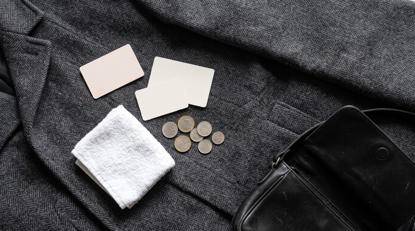 Hotel room amenities with coins, black leather wallet, folded white towel, and blank cards on a dark patterned bedspread