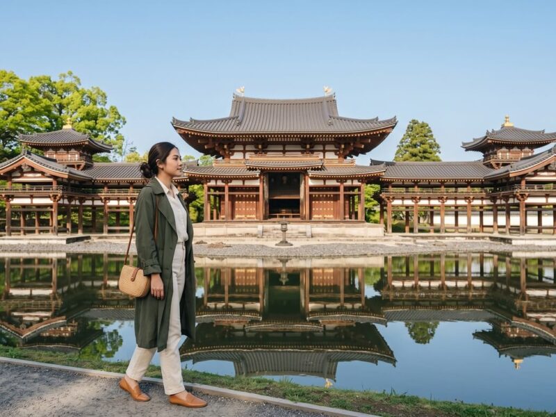 Kannaya Nareswari in a green coat walks by a serene pond reflecting a traditional Japanese temple.