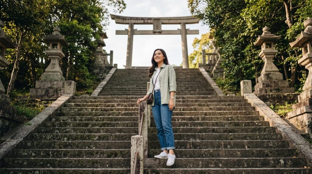 A woman stands on a stone staircase leading to a traditional Japanese torii gate surrounded by trees.