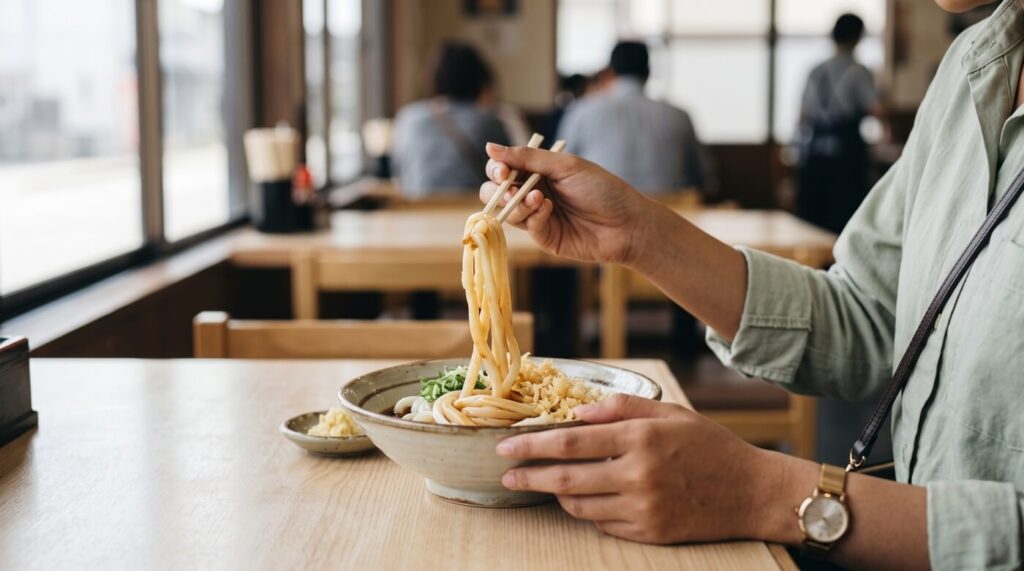 Hands lifting bukkake udon with chopsticks from a shallow bowl of dark sweet sauce at a Kurashiki udon shop