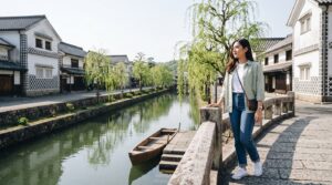 Kannaya Nareswari on a stone bridge over the Kurashiki River, looking along willows and white storehouses in the morning