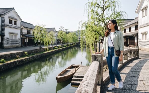 Kannaya Nareswari on a stone bridge over the Kurashiki River, looking along willows and white storehouses in the morning