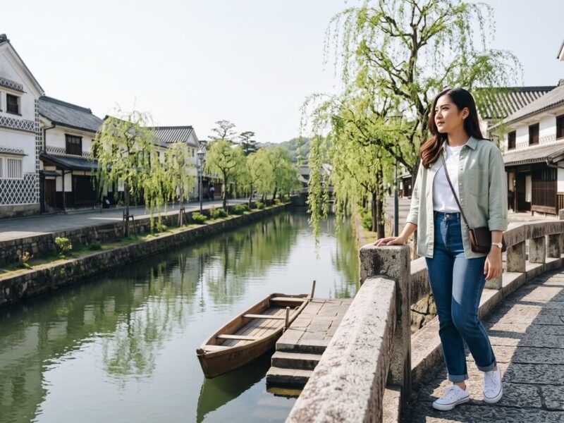 Kannaya Nareswari on a stone bridge over the Kurashiki River, looking along willows and white storehouses in the morning