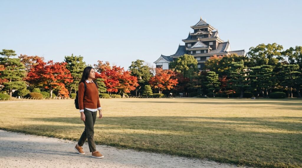 Kannaya Nareswari walking on a Korakuen garden path, with red maples and the black keep of Okayama Castle behind the trees