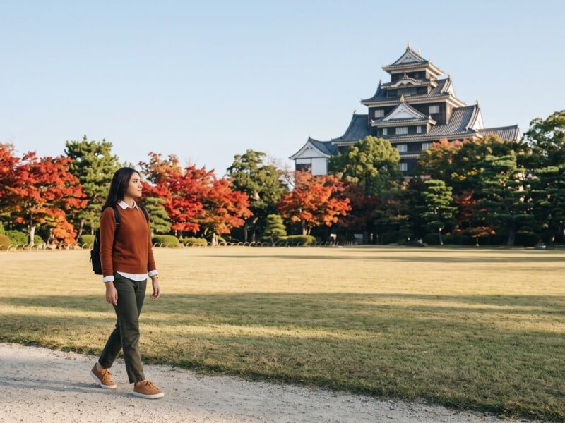 Kannaya Nareswari walking on a Korakuen garden path, with red maples and the black keep of Okayama Castle behind the trees