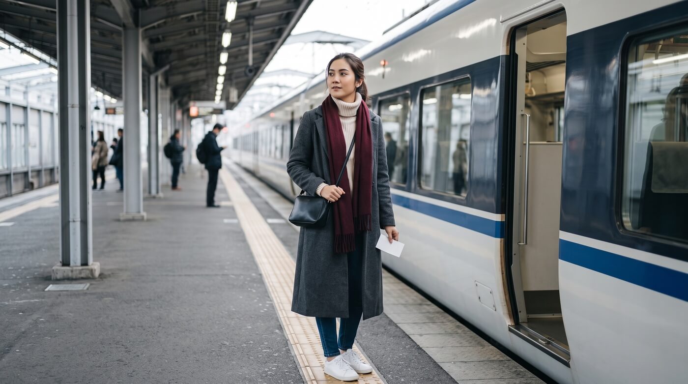 Kannaya Nareswari in a coat and scarf waits on a train platform holding a ticket.