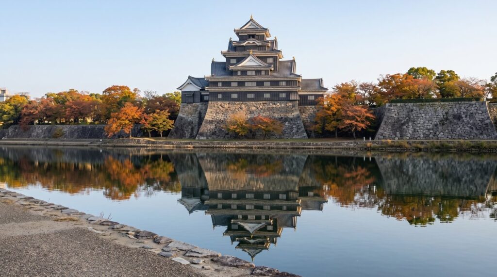 The black keep of Okayama Castle above its stone walls, reflected in the Asahi River on a clear autumn morning