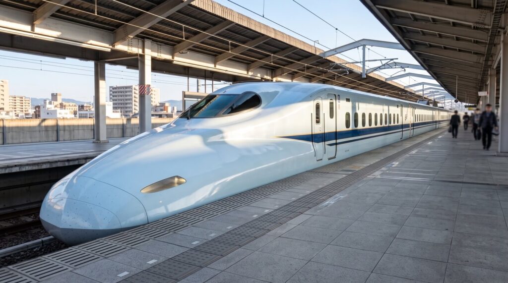 A Sakura shinkansen with a pale blue white body and dark indigo stripe waiting at an elevated platform on an autumn morning