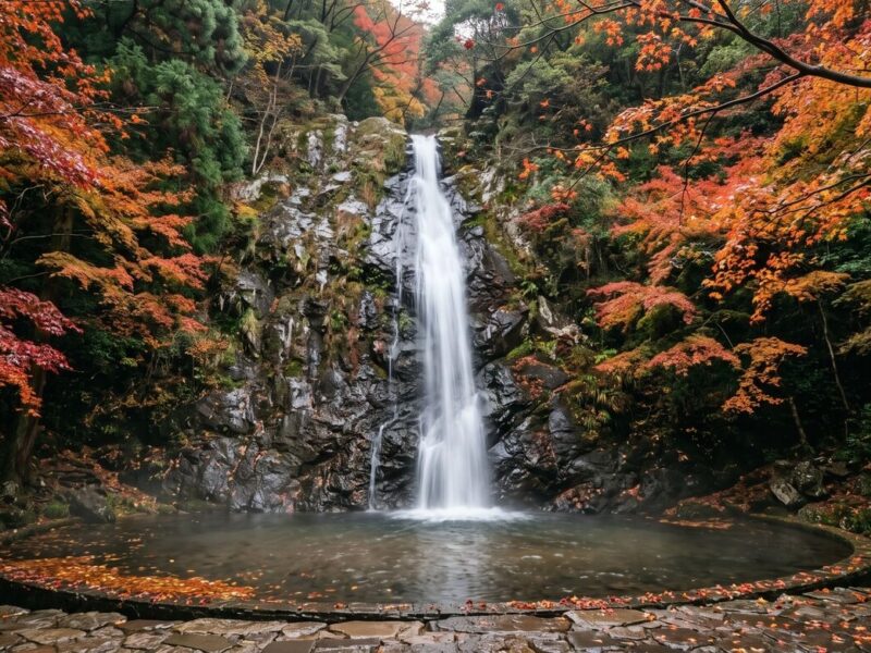 Minoo Falls dropping into its pool in the Minoh hills north of Osaka, framed by red and orange maples