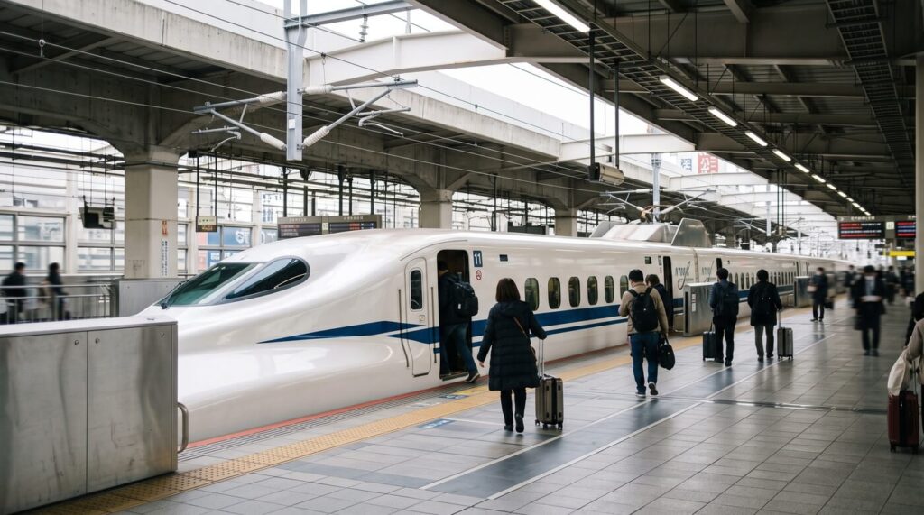 White and blue N700S Shinkansen stopped at a Shin-Osaka platform with passengers boarding under a wide station canopy