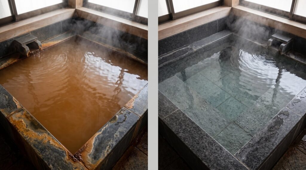 Side-by-side comparison of a hot spring with murky brown water and one with clear blue water.
