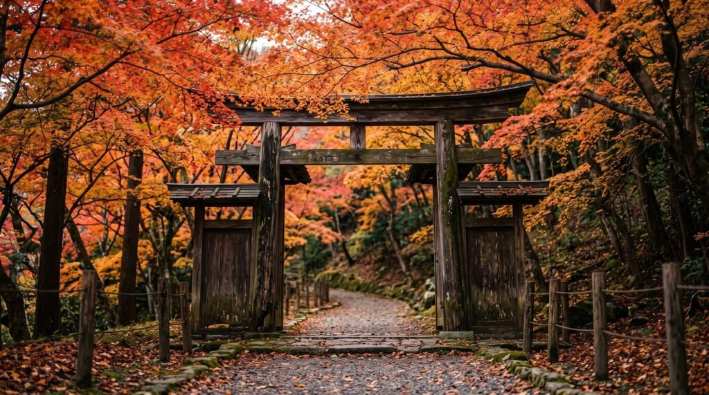 Old wooden temple gate at Zuihoji Park in Arima Onsen framed by red and orange maples in late November