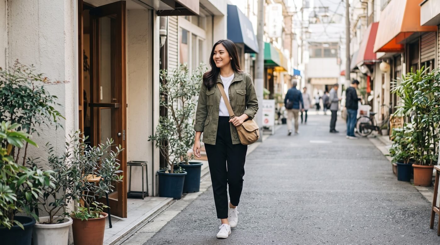Kannaya Nareswari walks hands free along a quiet shopping side street in Shinsaibashi, Osaka, after leaving her suitcase