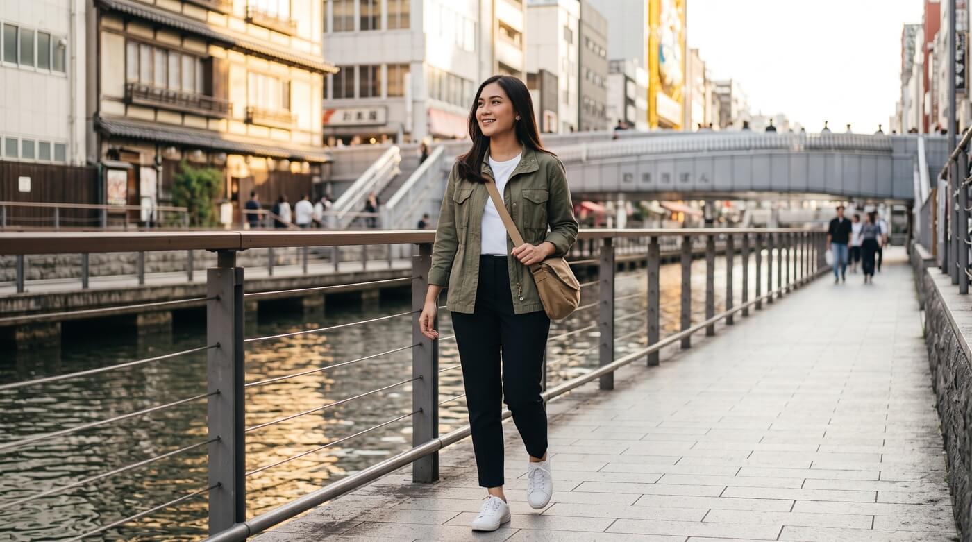 Kannaya Nareswari walks light along the Dotonbori canal promenade in Osaka in late afternoon sun